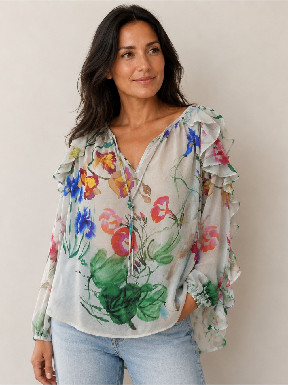 Karen Kane Floral Sheer Blouse Small Watercolor Boho Art-to-Wear Ruffle Sleeve
